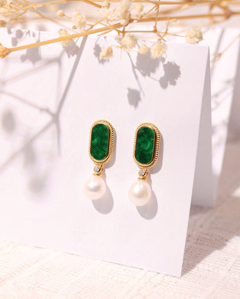 Xmas Exclusive - #11 Collector's Spicy Green Grade A Jadeite with Pearl Earring